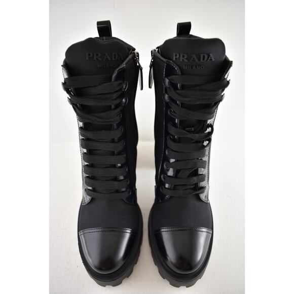 Prada 55MM Logo Lug Sole Platform Black Re-Nylon Leather Ankle Heel Boot 37.5 - Picture 9 of 15